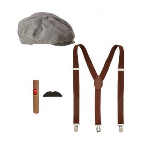 SET ANNEES 20 HOMME CASQUETTE+ BRETELLES+ CIGARE+ MOUSTACHES