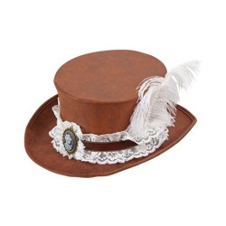 CHAPEAU HAUT DE FORME STEAMPUNK MARRON  AVEC DENTELLE ET PLUME  BLANCHE