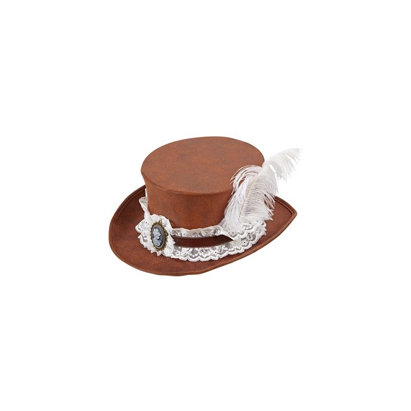 CHAPEAU HAUT DE FORME STEAMPUNK MARRON  AVEC DENTELLE ET PLUME  BLANCHE