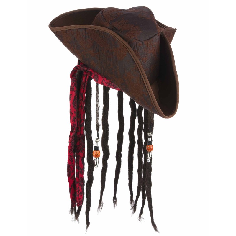 CHAPEAU PIRATE MARRON AVEC PERRUQUE DREADS ADULTE