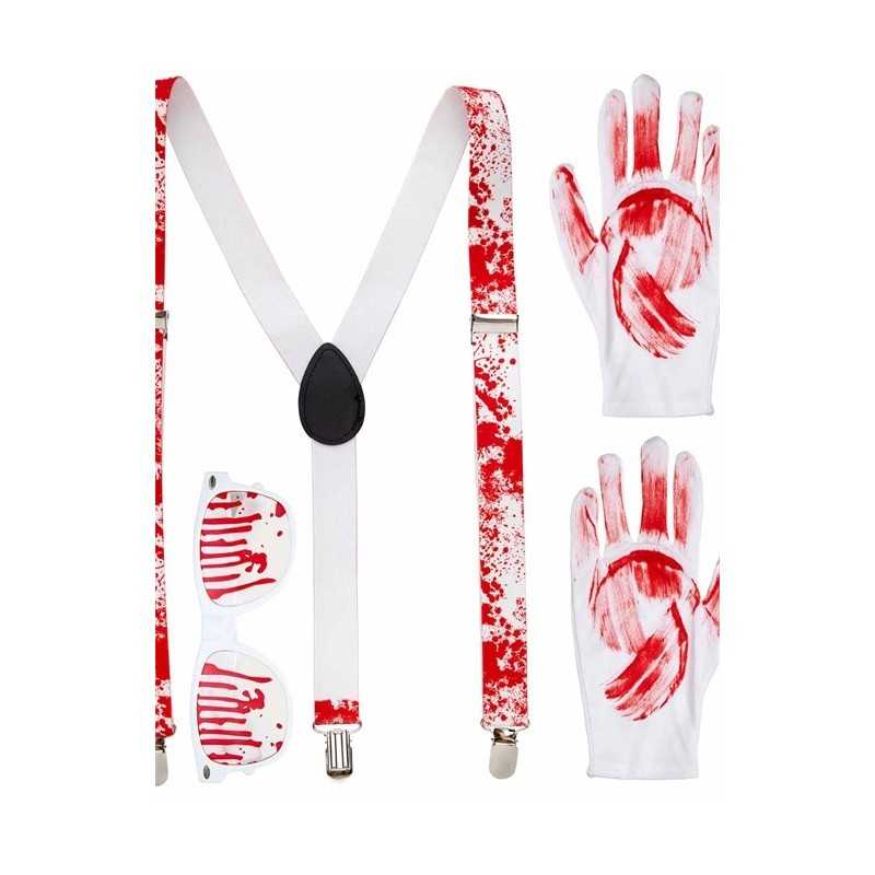 KIT ASSASSINS BLANC AVEC SANG BRETELLES LUNETTES ET GANTS
