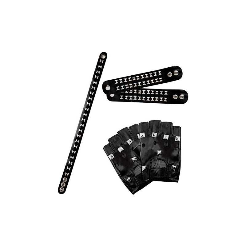 MITAINES EN CUIR ET BRACELET ET RAS DE COU ROCKEUR/BIKER 