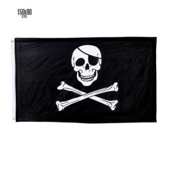 DRAPEAU  DE PIRATE EN TISSU TETE DE MORT NOIR ET BLANC 90 X 150 CM 