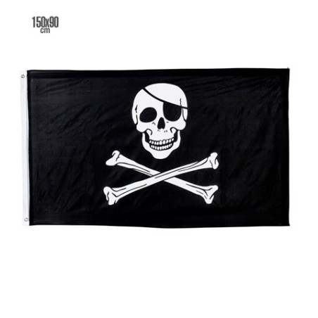 DRAPEAU  DE PIRATE EN TISSU TETE DE MORT NOIR ET BLANC 90 X 150 CM 