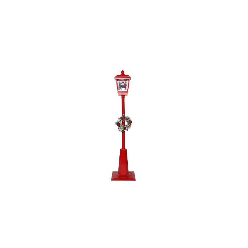 LANTERNE TYPE LAMPADAIRE ROUGE LUMINEUSE ET ANIMEE AVEC BONHOMME DE NEIGE 180 CM