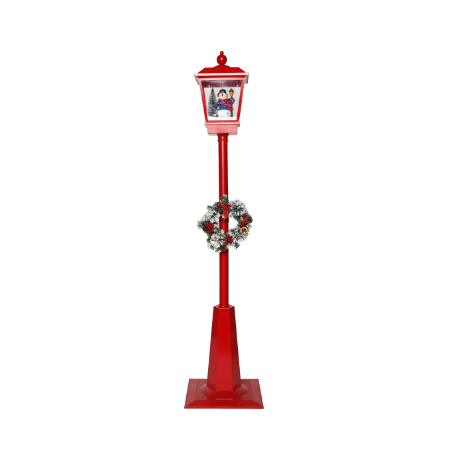 LANTERNE TYPE LAMPADAIRE ROUGE LUMINEUSE ET ANIMEE AVEC BONHOMME DE NEIGE 180 CM