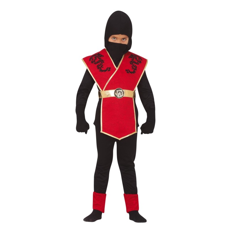 DEGUISEMENT ENFANT  NINJA ROUGE NOIR ET OR AVEC IMPRESSION DRAGON TAILLE 5-6 ANS