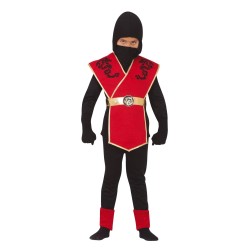 DEGUISEMENT NINJA ROUGE NOIR ET OR AVEC IMPRESSION DRAGON TAILLE 10-12 ANS