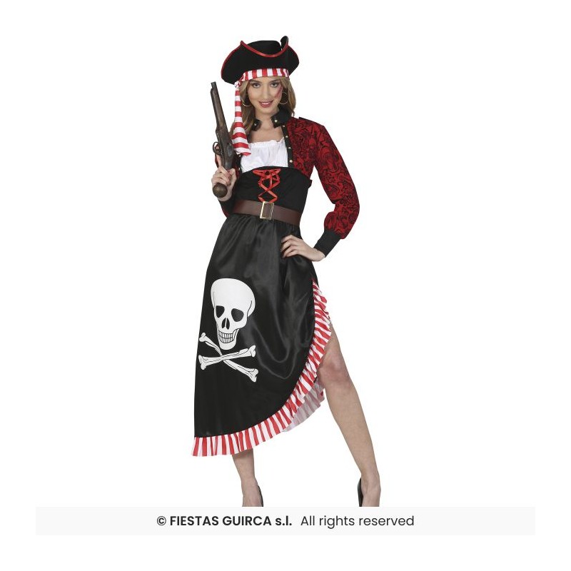 DEGUISEMENT PIRATE FEMME ROBE LONGUE ROUGE ET NOIRE TETE DE MORT  TAILLE 38-40