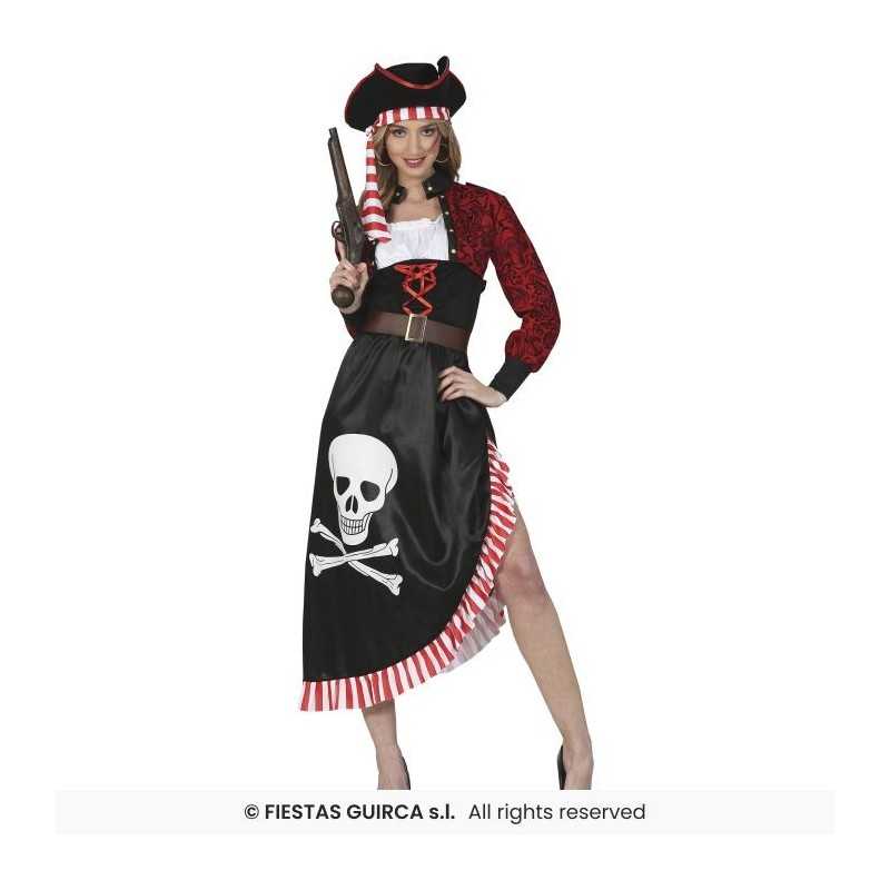 DEGUISEMENT PIRATE FEMME ROBE LONGUE ROUGE ET NOIRE TETE DE MORT TAILLE 44-46