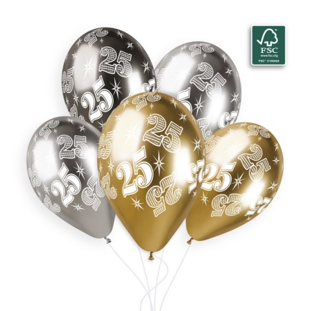 5 BALLONS BIO LATEX 25 COULEUR SHINE OR ARGENT ET GRIS 33 CM 