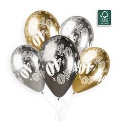 5 BALLONS BIO LATEX 40 COULEUR SHINE OR ARGENT ET GRIS 33 CM 