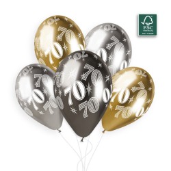 5 BALLONS BIO LATEX 70 COULEUR SHINE OR ARGENT ET GRIS 33 CM 