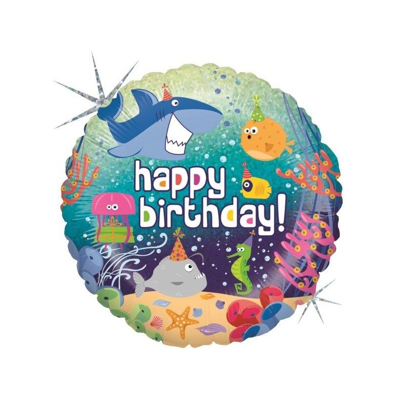 BALLON METALLIQUE ROND HAPPY BIRTHDAY POISSONS ET FOND MARINS 46 CM  BALLON METALLIQUE ROND HAPPY BIRTHDAY POISSONS ET FOND MARINS 46 CM