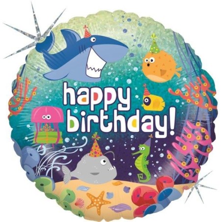 BALLON METALLIQUE ROND HAPPY BIRTHDAY POISSONS ET FOND MARINS 46 CM 