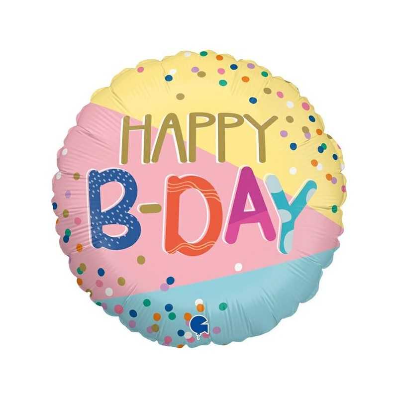 BALLON ROND METALLIQUE HAPPY BIRTHDAY COULEURS PASTEL 46 CM 