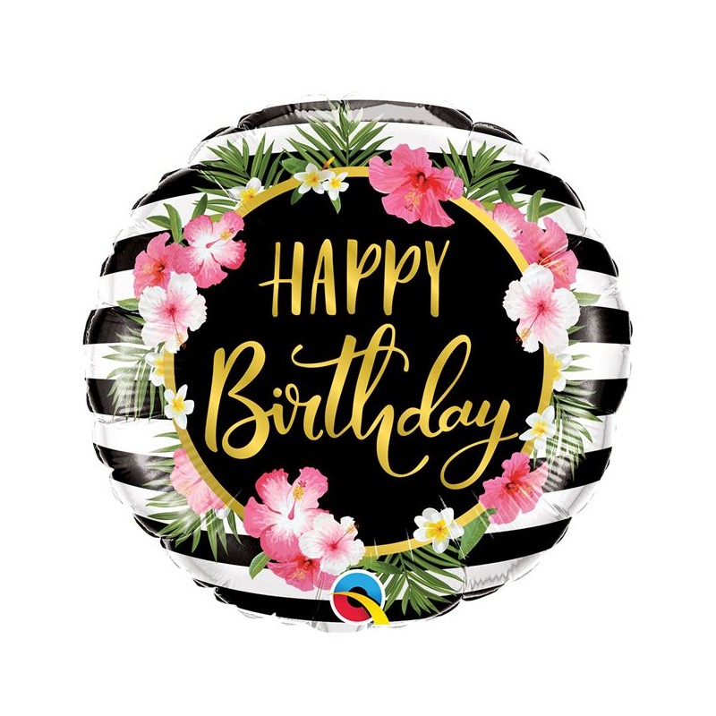 BALLON METALIQUE HAPPY BIRTHDAY FLEURS SUR FOND RAYE NOIR ET BLANC 46 CM