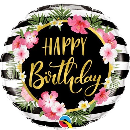 BALLON METALIQUE HAPPY BIRTHDAY FLEURS SUR FOND RAYE NOIR ET BLANC 46 CM