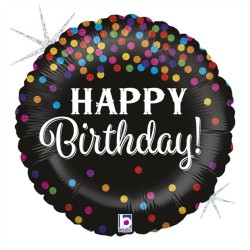 BALLON METALLIQUE ROND HAPPY BIRTHDAY NOIR AVEC CONFETTIS MULTICOULEUR 46 CM 