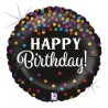 BALLON METALLIQUE ROND HAPPY BIRTHDAY NOIR AVEC CONFETTIS MULTICOULEUR 46 CM 