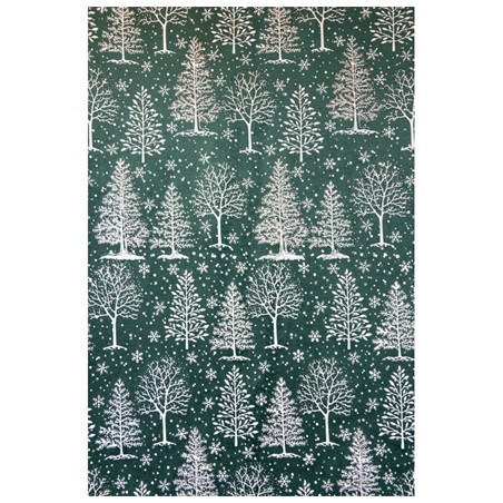 CHEMIN DE TABLE VERT AVEC DECORS GIVRES SAPINS BLANC 28 CM X 3 M