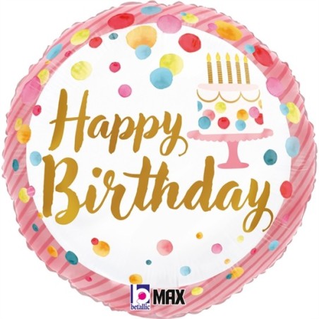 BALLON METALLIQUE ROND HAPPY BIRTHDAY PARTY TIME CONFETTIS ROSE 46 CM 