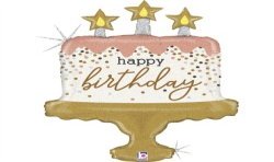 BALLON METALLIQUE GATEAU HAPPY BIRTHDAY ROSE GOLD ET OR 66 CM 