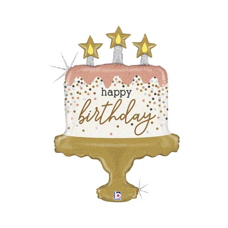 BALLON METALLIQUE GATEAU HAPPY BIRTHDAY ROSE GOLD ET OR 66 CM 