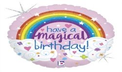 BALLON METALLIQUE ROND HAVE A MAGICAL BIRTHDAY ARC EN CIEL FOND ROSE 46 CM 