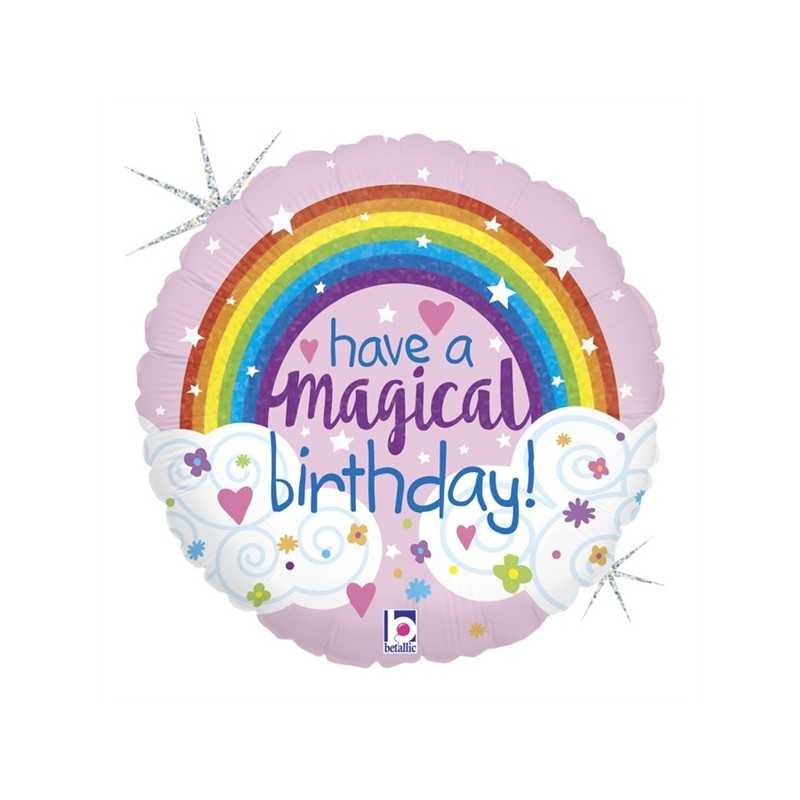 BALLON METALLIQUE ROND HAVE A MAGICAL BIRTHDAY ARC EN CIEL FOND ROSE 46 CM 