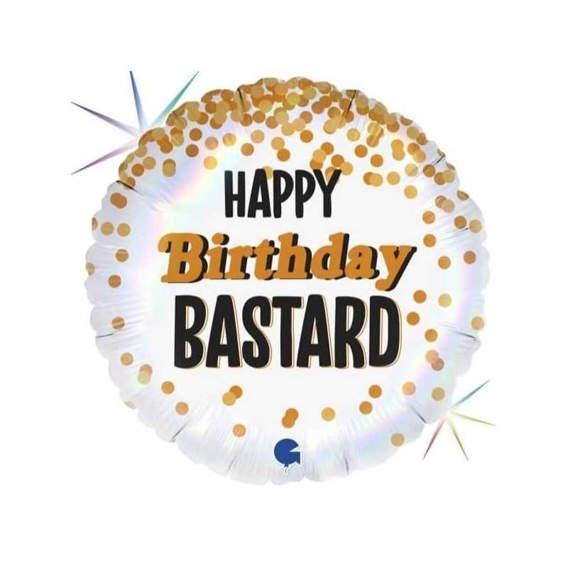 BALLON METALLIQUE ROND HAPPY BIRTHDAY BASTARD BLANC NOIR ET OR 46 CM