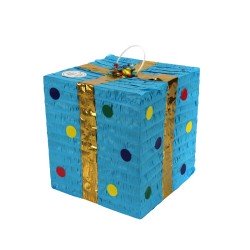 PINATA CADEAU BLEU ET NOEUD OR EN 3D A TAPER 23x 23 X 25 CM