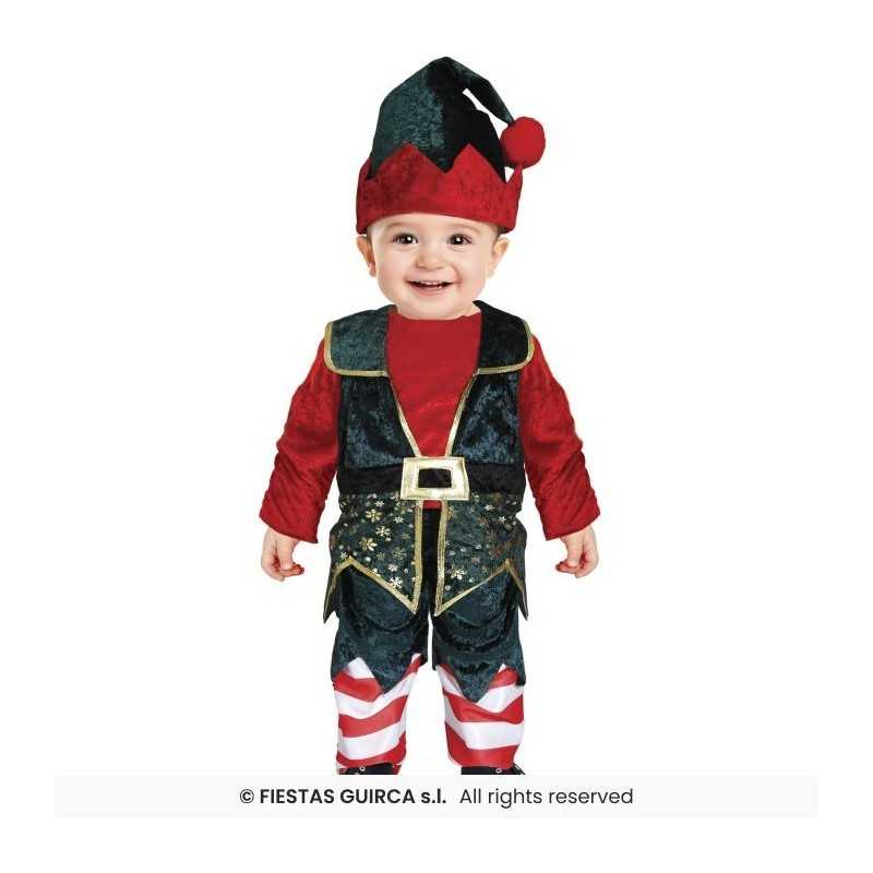 DEGUISEMENT LUTIN DE NOEL GARCON ROUGE VERT FLOCONS OR BEBE TAILLE 18-24 MOIS