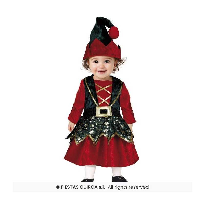 DEGUISEMENT LUTIN DE NOEL FILLE ROUGE VERT FLOCONS OR BEBE TAILLE 18-24 MOIS