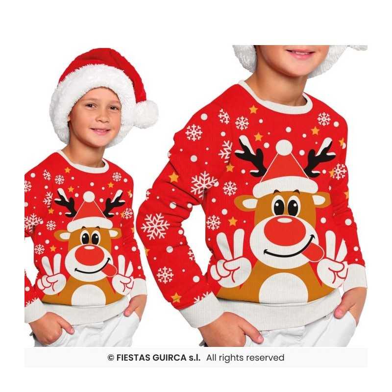 DEGUISEMENT PULL DE NOEL ROUGE RENNE RUDOLF TAILLE 10-12 ANS