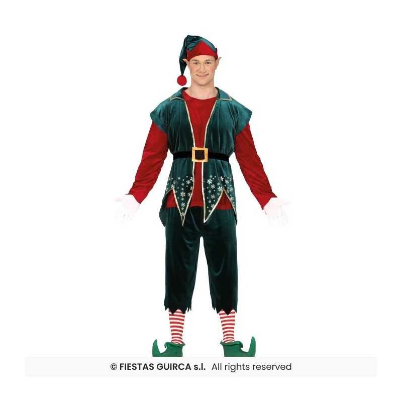 DEGUISEMENT LUTIN DE NOEL VERT FLOCONS OR ET ROUGE TAILLE L