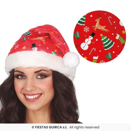BONNET OU CHAPEAU DE NOEL ROUGE IMPRIME SAPINS RENNES BONHOMME DE NEIGE