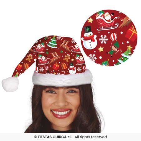 BONNET OU CHAPEAU DE NOEL ROUGE IMPRIME PERE NOEL SAPIN RENNE BONHOMME DE NEIGE