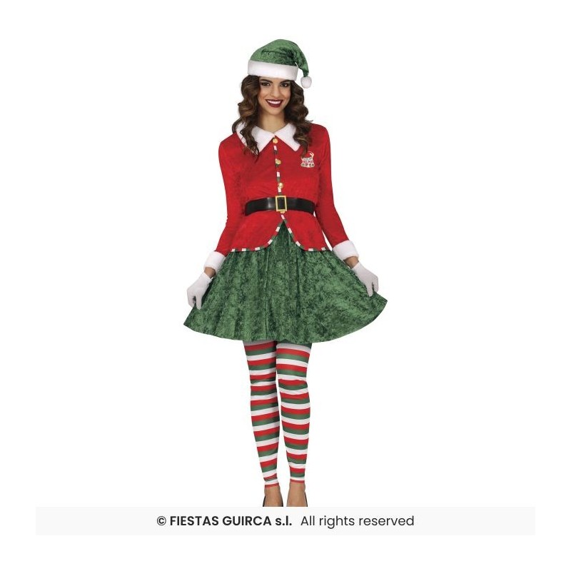 DEGUISEMENT LUTIN DE NOEL  FEMME TUNIQUE ROUGE JUPE VERTE COLLANT RAYE  TAILLE S