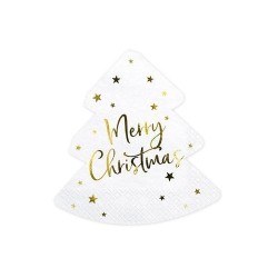 20 SERVIETTES BLANCHE SAPIN DE NOEL MERRY CHRISTMAS OR 16 X 16 CM 