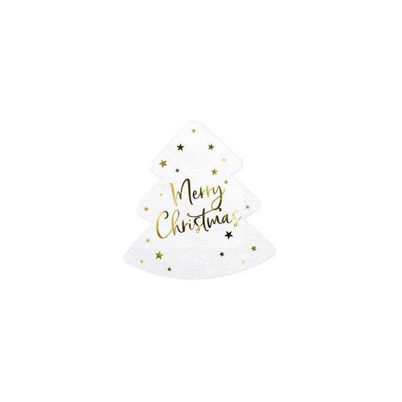 20 SERVIETTES BLANCHE SAPIN DE NOEL MERRY CHRISTMAS OR 16 X 16 CM 