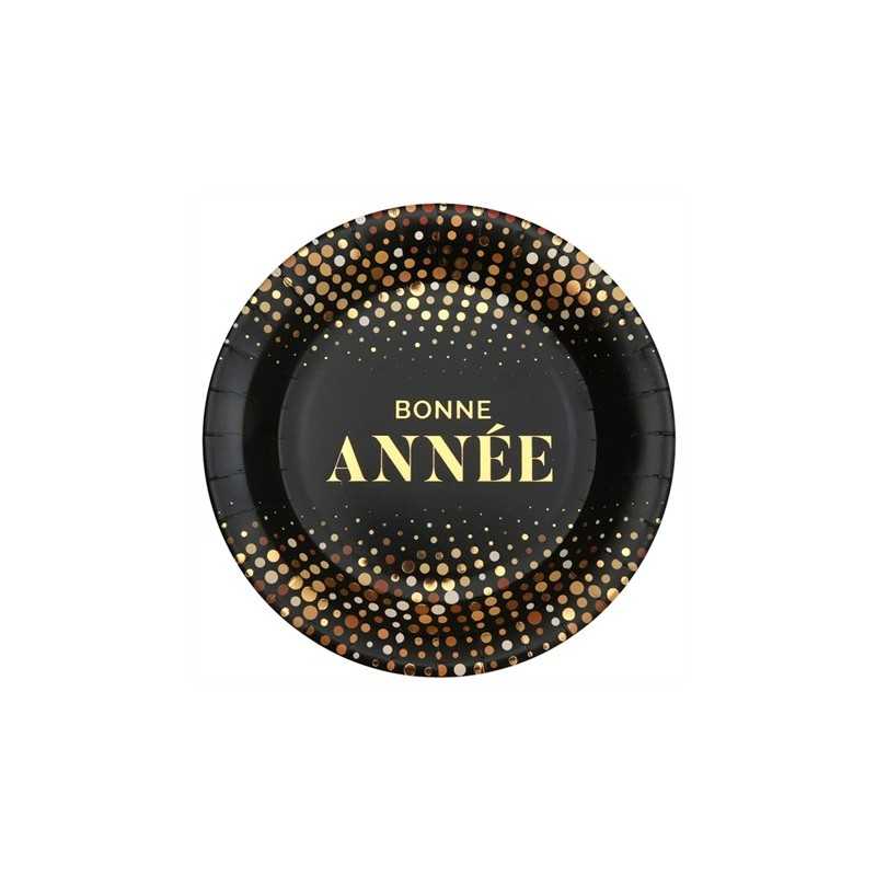10 ASSIETTES NOIR ET OR BONNE ANNEE 22.5 CM 