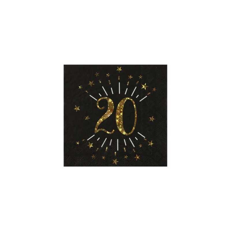 10 SERVIETTES ETINCELANT METAL OR 20 ANS NOIR 