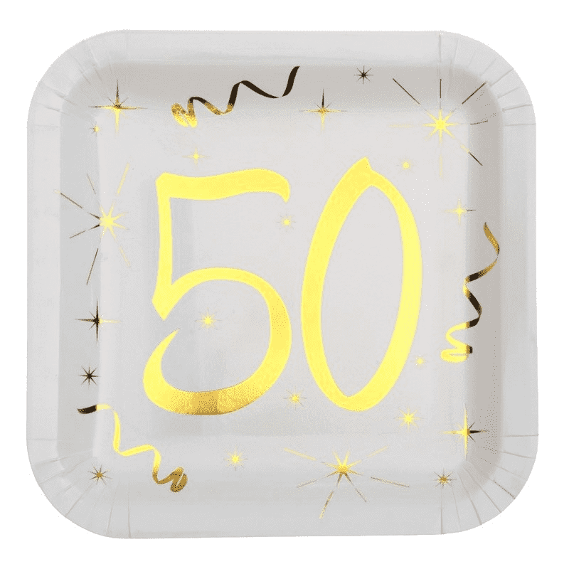 10 ASSIETTES 50 ANS OR ET BLANC 23 CM