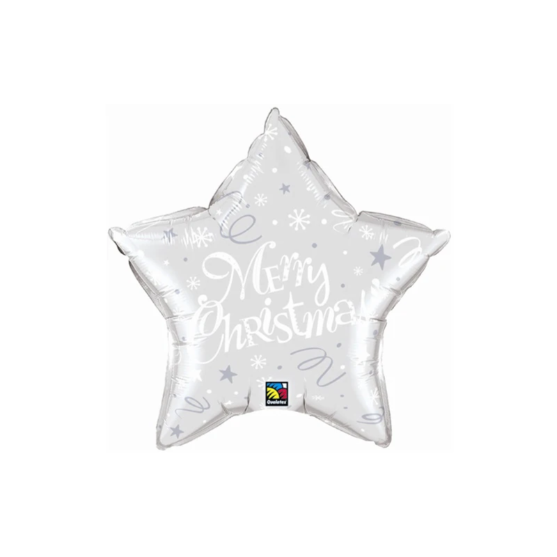 BALLON METALLIQUE ETOILE MERRY CHRISTMAS ARGENT ET BLANC 46 CM 