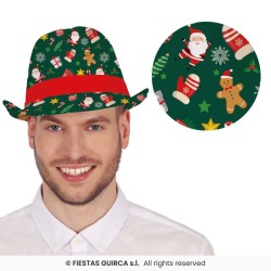 CHAPEAU DE NOEL GANGSTER VERT IMPRIME PERE NOEL SAPIN BOULE ET CADEAU