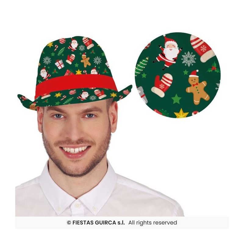 CHAPEAU DE NOEL GANGSTER VERT IMPRIME PERE NOEL SAPIN BOULE ET CADEAU