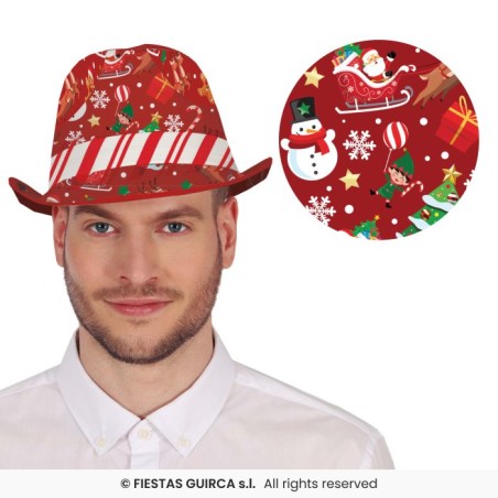 CHAPEAU DE NOEL GANGSTER ROUGE IMPRIME PERE NOEL SAPIN RENNE LUTIN ET CADEAU