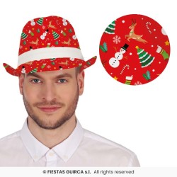 CHAPEAU DE NOEL GANGSTER ROUGE IMPRIME BONHOMME DE NEIGE SAPIN RENNE  ET CADEAU