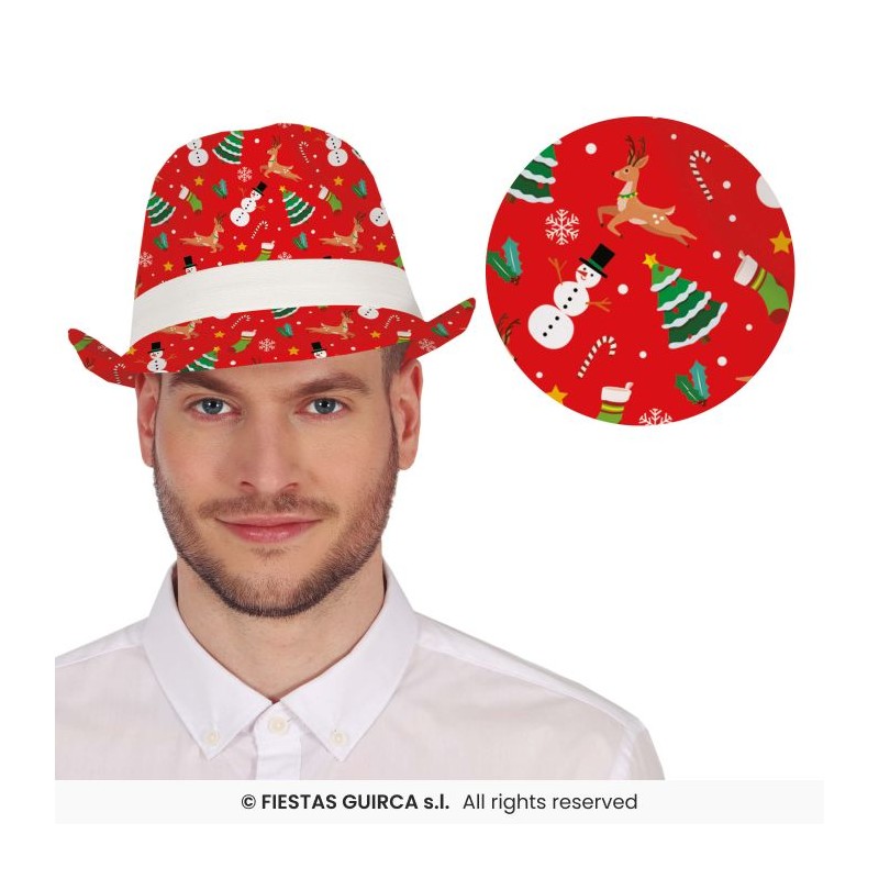 CHAPEAU DE NOEL GANGSTER ROUGE IMPRIME BONHOMME DE NEIGE SAPIN RENNE  ET CADEAU